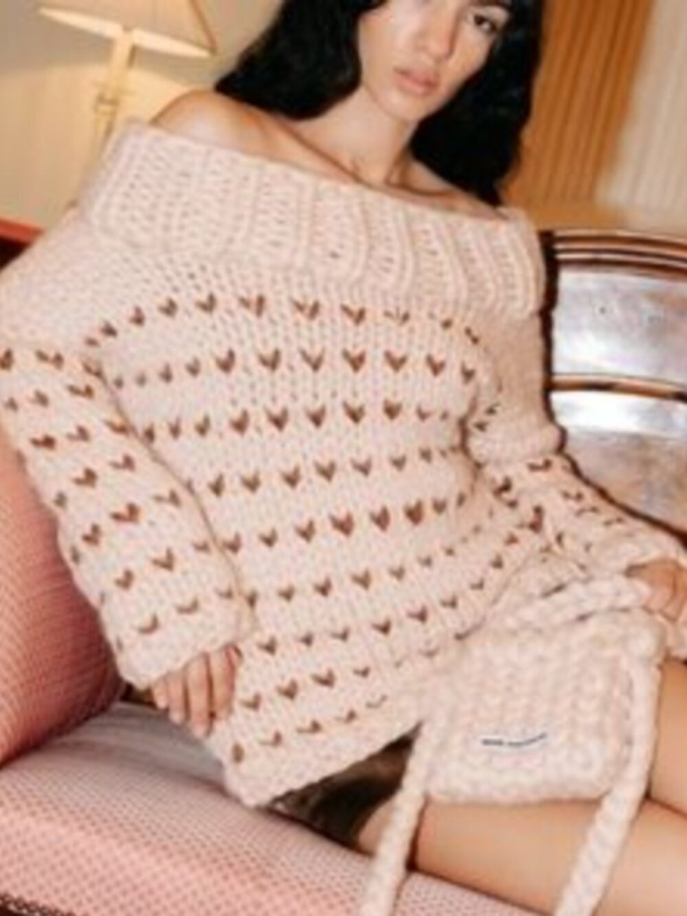 Hope Macaulay Beige/Tan Off Shoulder Heart Oversized Sweater NWT - Small/Medium